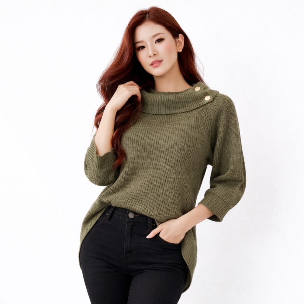89th & Madison Olive Green Cowl Neck Ribbed Knit Sweater